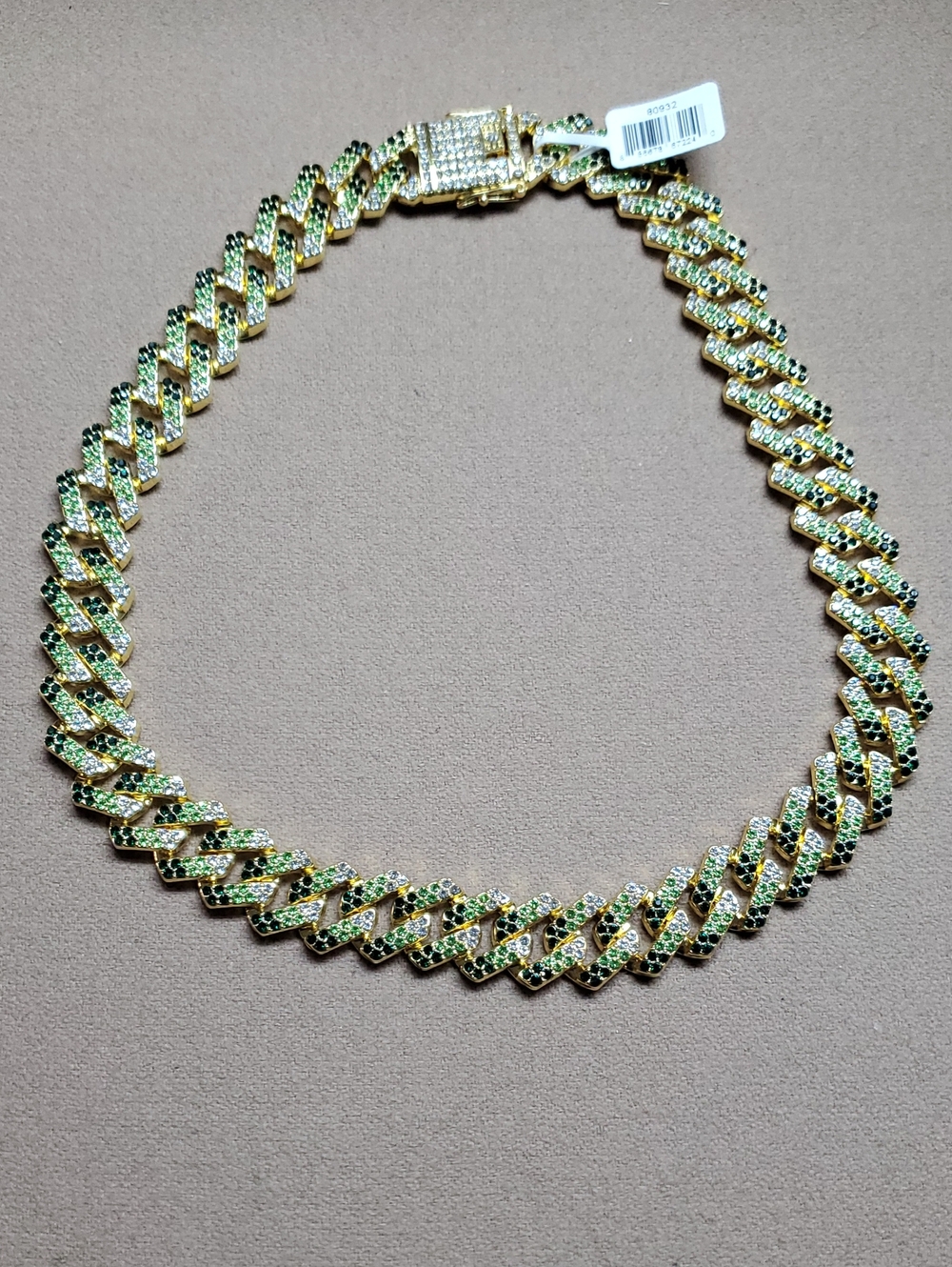Invicta Gold and Green Pavé Cuban Link Necklace with Clear Accents 22" NEW!!!